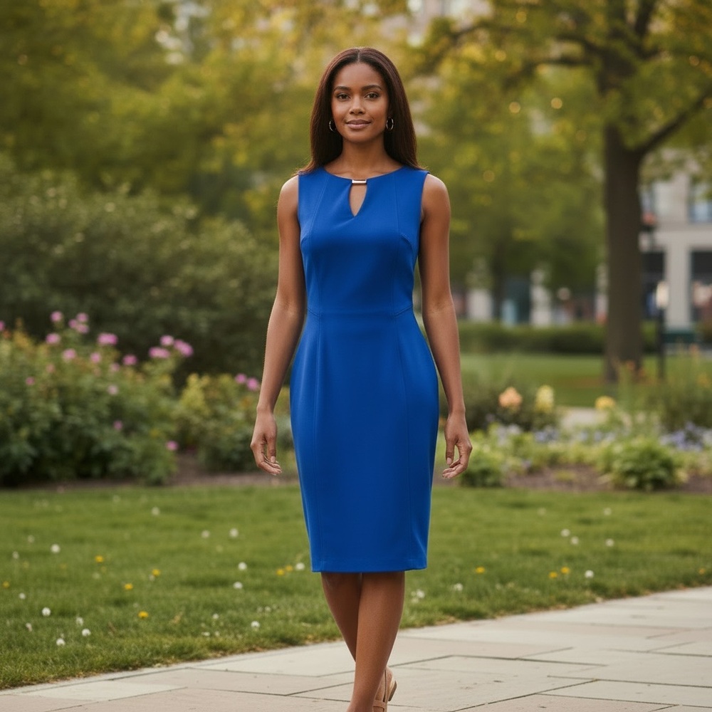 Bisou Bisou Royal Blue Sleeveless Midi Dress with Gold Bar Accent Size 10